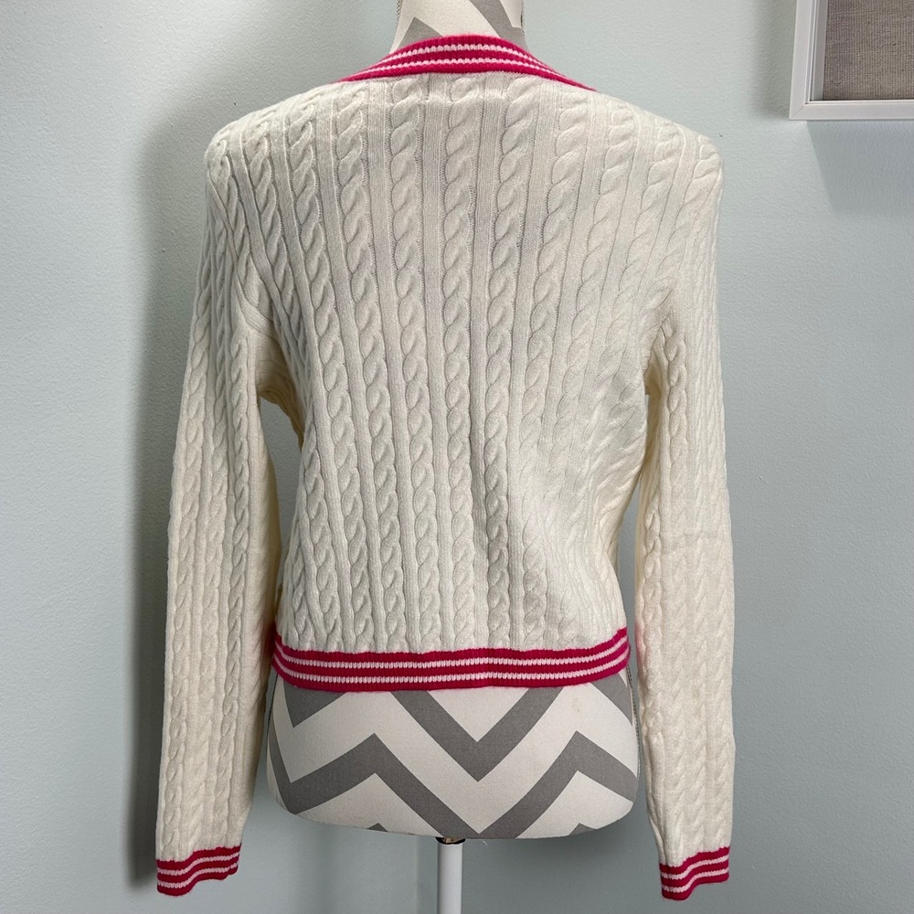 Marled Cream & Pink Cardigan Sweater Women's Small Cable Knit Gold Buttons - Picture 2 of 8